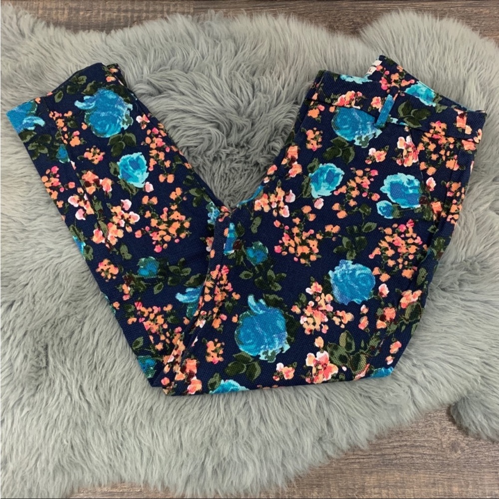 Women’s 2 Merona Classic Stretch Navy Blue Vibrant Floral Ankle Crop Pants